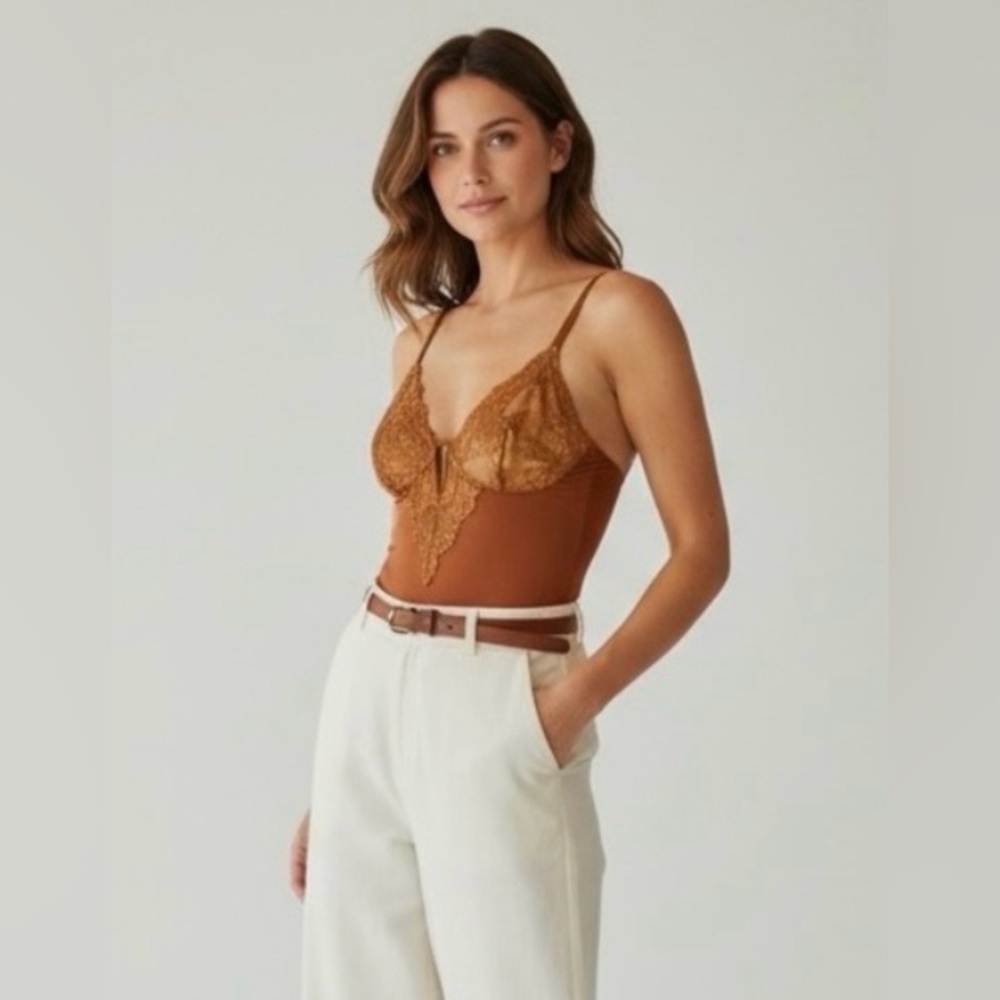 NEW Lace Bodysuit Lingerie Copper Brown Teddy Adjustable Straps Sizw Large